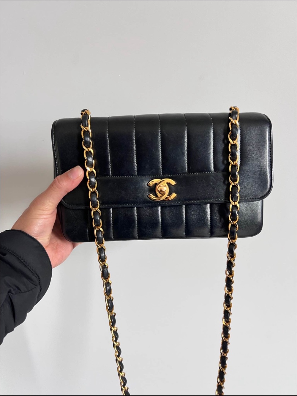 CHANEL Black Quilted Leather Crossbody with Gold Chain and CC Turnlock